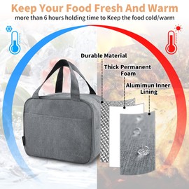 EETU Insulated Lunch Bag, Packed Lunch Box Thermal Bag, Small Zipped Cooler Tote Bag Double-Layer Leak-Proof Waterproof Suit for Adult Kids Work Picnic and Travel (Grey)