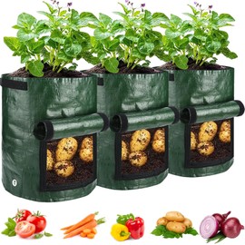 JJGoo Potato Grow Bags, 3 Pack 10 Gallon with Flap and Handles Planter Pots for Onion, Fruits, Tomato, Carrot - Green