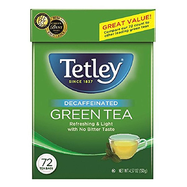 Tetley Natural Decaf Green Tea, Decaffinated Tea, 72 Count (Pack of 6), Rainforest Alliance Certified