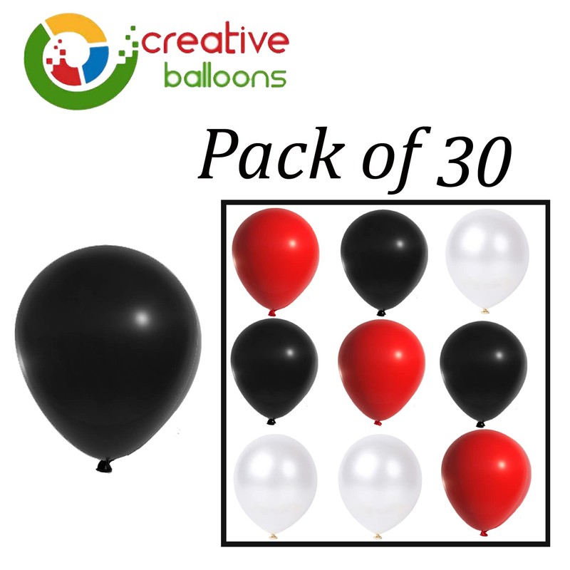 12" Latex Vibrant White, Red, Black Colour Combination Plain Balloons