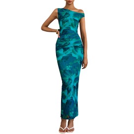 PRETTYGARDEN Women's 2025 Summer Floral One Shoulder Maxi Dress Stretch Sexy Bodycon Dress Slit Long Cocktail Dresses (Floral Lake Blue, XX-Large)