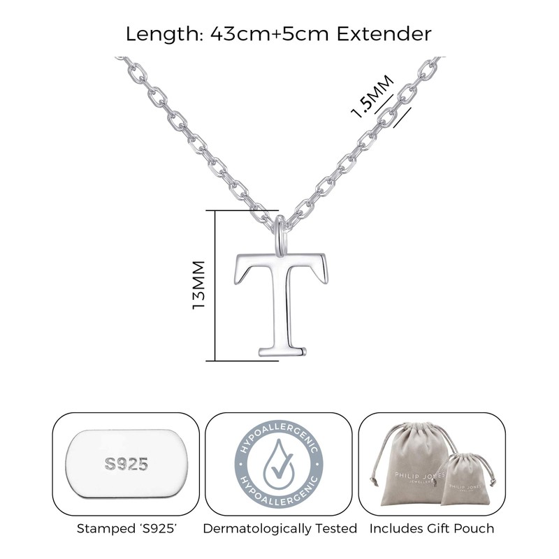 Philip Jones Sterling Silver Initial T Necklace