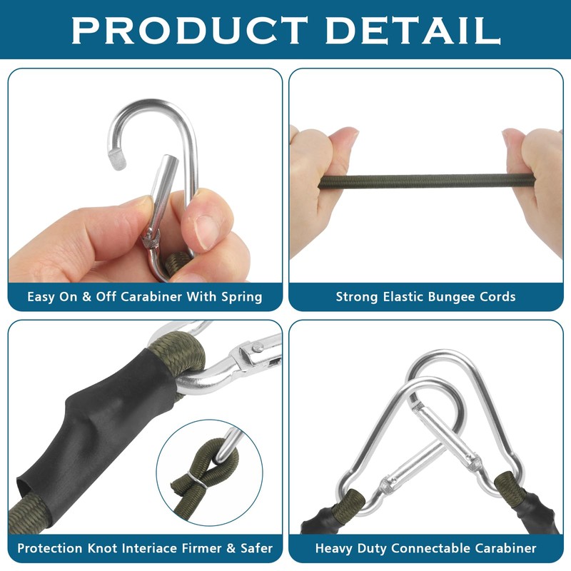4Pcs Carabiner Bungee Cord, 30/60cm Heavy Duty Elasticated Cords, Outdoor