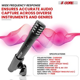 5 CORE Professional Instrument Microphone Pencil Condenser Cardioid Instrumental Mic Uni Directional for Live Performances & Recording W/Windscreen, Microphones Holder, Carry Case INSTRU MIC 100 BLK