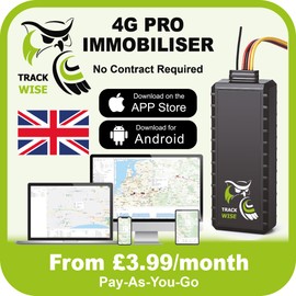 Track Wise PRO 4G GPS Car Tracker, with optional immobilising and ignition sensor. Suitable for Cars, Vans, Motorcycles, Caravans. Real-Time Tracking and Notifications. 14-Day Free Trial.