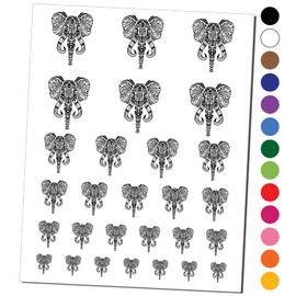African Elephant Head Tribal Geometric Design Temporary Tattoo Water Resistant Fake Body Art Set Collection - Black (One Sheet)