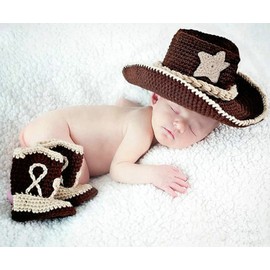 Newborn Boys Girls Baby Photo Shoot Props Outfits Crochet Clothes cowboy hat with Shoe Photography Props Costume (Brown)