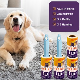 Lint Roller for Pet Hair, 440 Sheets/4 Sticky Roller with 2 Durable Handles, Pet Hair Remover for Couch, Clothes, Dog & Cat Hair Remover