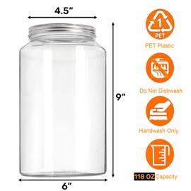 Tlence 2 Pack 1 Gallon Extra Large Clear Plastic Jars, 118 OZ Food Storage Container with Lid, BPA Free Wide Mouth Jar, Reusable Airtight Mason Jug for Dry Goods, Candy, Fermenting, Pickling