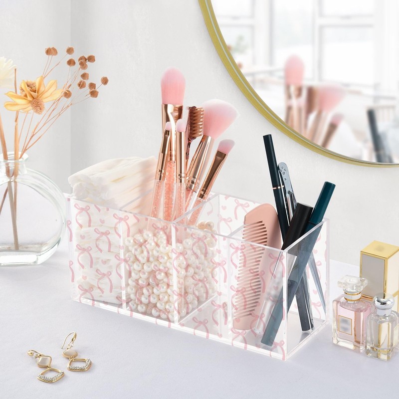 Aslsiy Cute Coquette Pink Bow Pen Holder White 4 Compartments