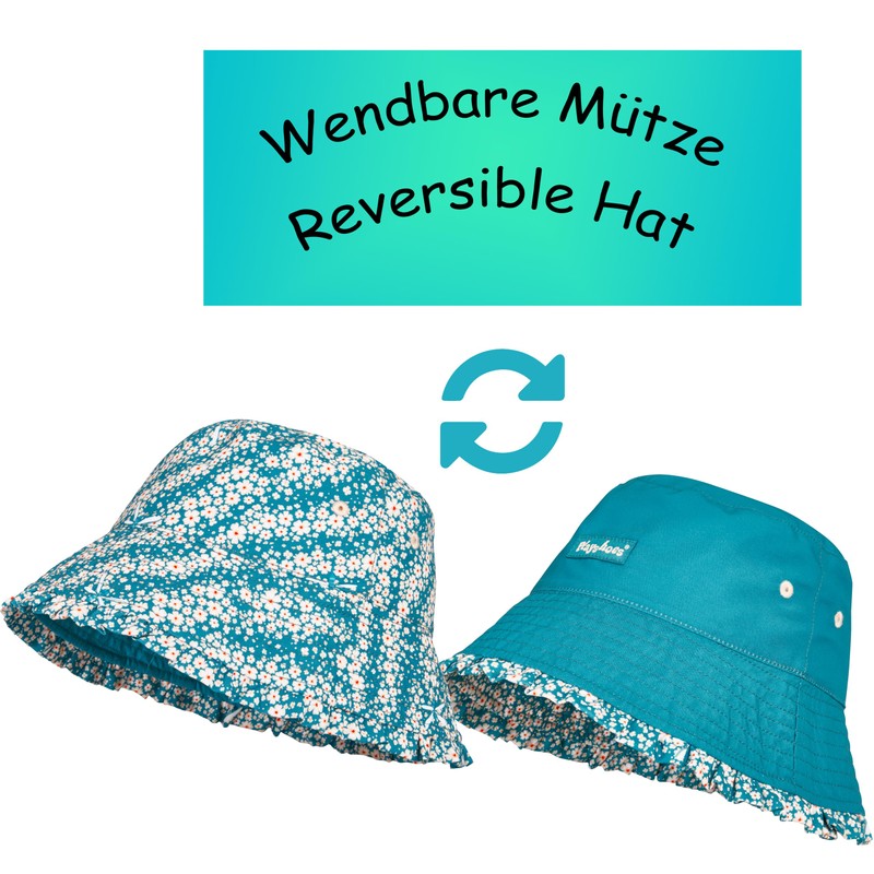 Playshoes Unisex Children's Reversible Sun Hat, Petrol flowers, 55