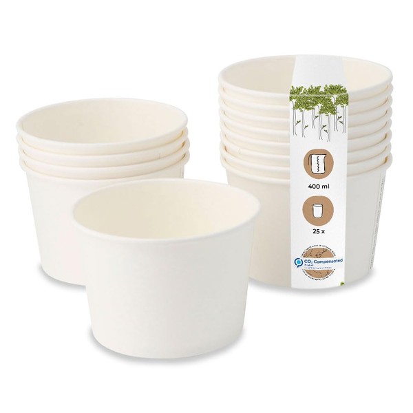 BIOZOYG Eco-Friendly Universal Cardboard Disposable Cups for Ice-Cream, Dessert, Finger-Food, Appetizers, Snacks I 25 Food Cups White unprinted 400 ml / 16 oz I Round Disposable Cups Compostable