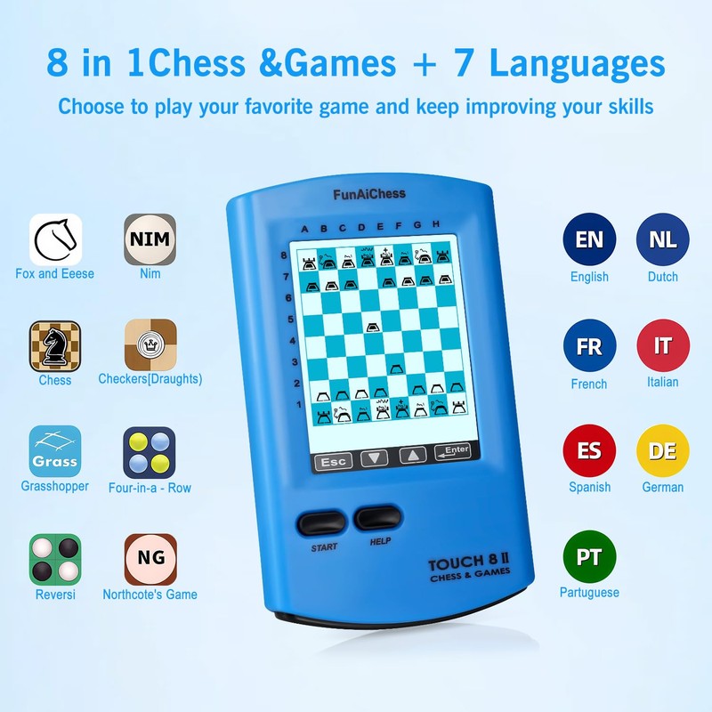 FunAiChess Handheld Electronic Chess Board,8-in-1 Chess Computer,2.9-inch HD Touch Screen,Smart