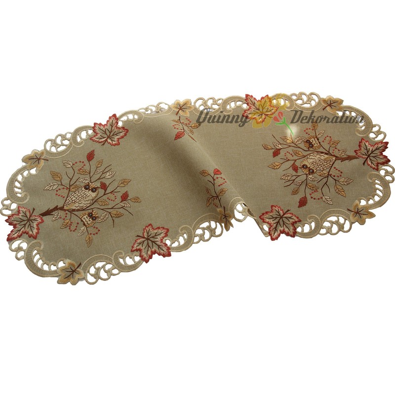 Quinnyshop Owl Table Runner Wide Table Runner Linen Look Green