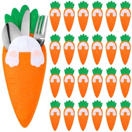 Beeveer 24 Pcs Easter Carrot Utensil Cutlery Holders Bag Felt Bunny Fork Cutter Pouches Silverware Pocket Bag for Easter Home Spring Party Table Decoration Knife Forks Organizer