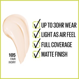 Maybelline Super Stay Full Coverage Liquid Foundation Active Wear Makeup, Up to 30Hr Wear, Transfer, Sweat & Water Resistant, Matte Finish, Fair Ivory, 1 Count