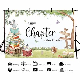 MEHOFOND 7x5ft Book Themed Baby Shower Backdrop A New Chapter is About to Begin Photography Background Storybook Moving Away Farewell Party Decor House Warming Job Change Party Banner Photo Props