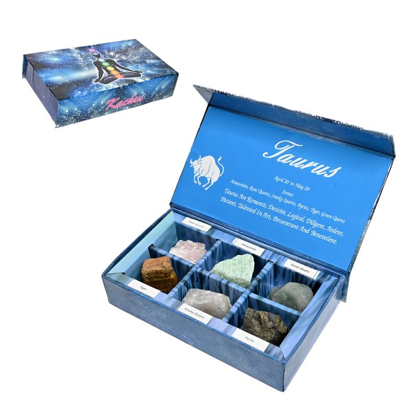 KACHVI Crystals. Healing Crystals. Crystal Taurus Gifts-Zodiac Signs Stones to Complement The Birthstones-Natural Healing Crystals with Horoscope Box Set