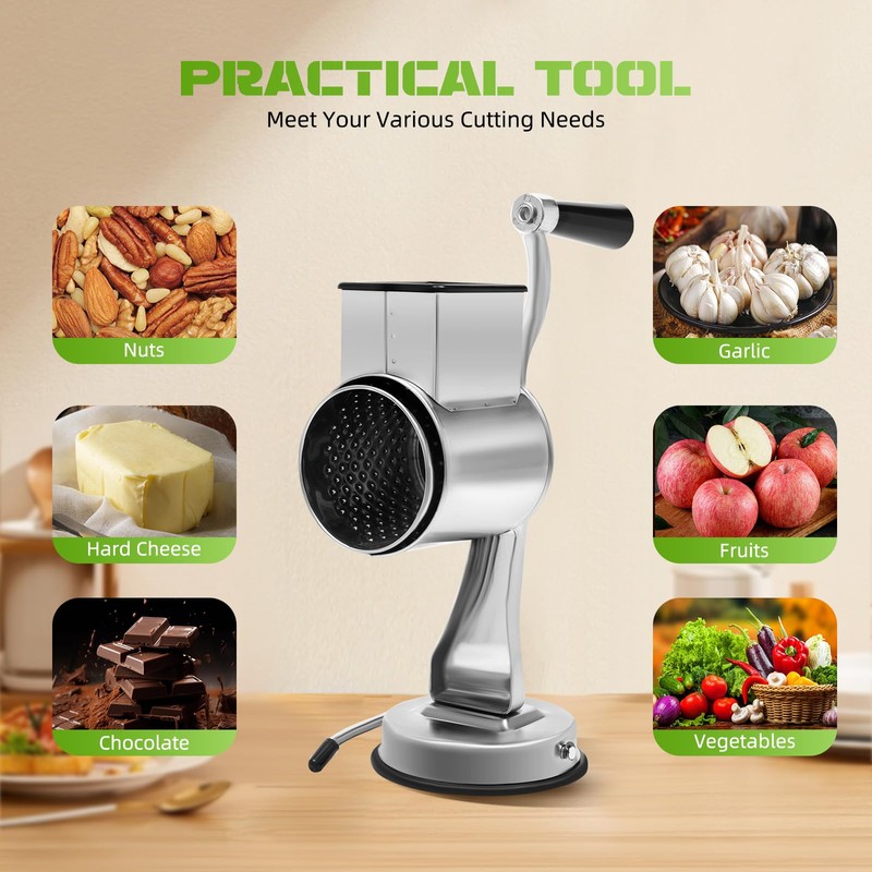 Stainless Steel Rotary Cheese Grater 5 Blades, Suction Cup Base,