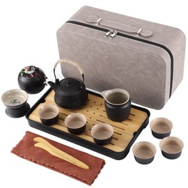 14 PCS Portable Tea Set, Japanese Ceramic Gongfu Tea Set with 6.8 oz Teapot, 6 Cups, Tray and Travel Case, Black Minimalist Style for Outdoor Picnic, Office, Home and Gifting