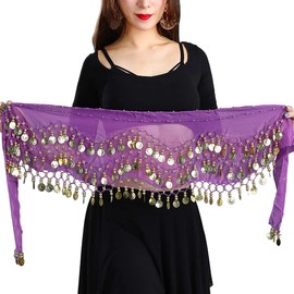 SamHeng Women's Belly Dance Belt, Chiffon Hip Scarf, Dance Cloth with Coins for Belly Dance for Performance Costume Belly Dance Yoga Course, purple