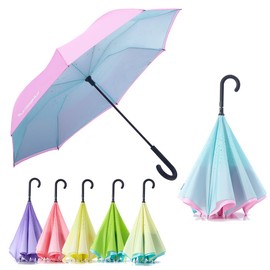 RUMBRELLA Reverse Umbrella Auto Close Windproof Car Umbrella Inverted with J Hook Handle for Women Girls, Pink Blue