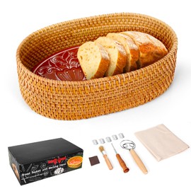 Bread Basket with Warming Stone with Cotton Cloths - Terracotta Bread Warmer Stone - 12.7 x 3.7 x 8.2 Inch Large Traditional Bread Warming Set - Gifts for Bakers Woman Hostess House Warming