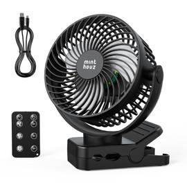 Minthouz Clip on Fan, 12000mAh Desk Fans, 360° Rotation Rechargeable Portable Fan with 45hrs Runtime - Quiet 3 Speeds, Wireless Remote, Timer, Input/Output Ports - Lightweight for Travel & Office
