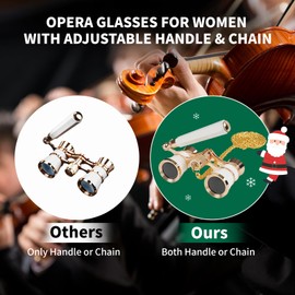 BOSTRON 3X25 Opera Glasses for Women Binoculars with Adjustable Handle & Chain, Portable Vintage Theater Glasses Compact Binoculars for Adults Kids for Music Concerts Opera Houses Cinema（White）