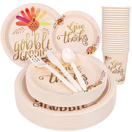WELLIFE 180Pcs Thanksgiving Paper Plates, Unique Graphic Design, Dinnerware Set of 30Pcs Dinner Plates, 30Pcs Salad Plates, 90Pcs Beige Plastic Silverware and 30Pcs Thanksgiving Cups