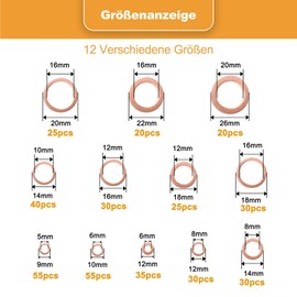 VIGRUE Set of 420 Copper Sealing Rings Assortment, Washers Copper Washers Set Diameter 5/6/8/10/12/14/16/20 mm in Assortment Box