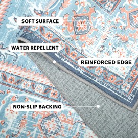 BESTSWEETIE Area Rugs 9x12 Rug for Living Room, Washable Rugs 9x12, Non Slip Water Repellent Floor Carpet, Low Pile Soft Vintage Rug for Bedroom Dining Room Indoor-Navy Blue/Light Blue/Natural/Brick