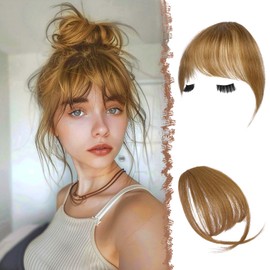FESHFEN Clip in Bangs 100% Human Hair Bangs Blonde Mixed Brown Real Hair Extensions Wispy Bangs Thin Fringes Hair Pieces Natural Fringe with Temples Hairpieces for Women