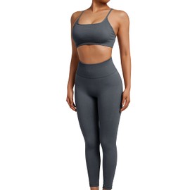 SUUKSESS Women Seamless 2 piece Workout Sets Strappy Padded Sports Bra Booty High Waisted Leggings Outfits (Blue,L)