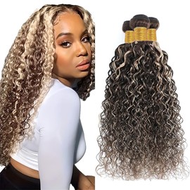P4613 Human Hair Kinky Curly Bundles Highlight Brown and Blonde Bundles Human Hair Ombre Blonde Bundles Two Tone Color 4 Brown Mixed With 613 Bundles for Black Women 22 24 26 Inch