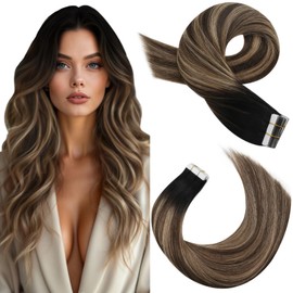 Moresoo Black to Blonde Tape in Hair Extensions Human Hair Ombre Tape ins Hair Extensions Real Human Hair Natural Black to Dark Brown with Dark Golden Blonde 22 inch 50g 20pcs