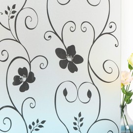 Decorative Window Film,Black Flower Static Cling Privacy Door Film, Non Adhesive Heat Control Anti UV Window Cling for Office and Home,17.5 inches by 157 inches