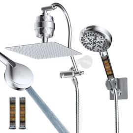 Hibbent All Metal 10'' Dual Filtered Rainfall Shower Head Combo, High Pressure Handheld Shower Head with 12'' Adjustable Curved Extension Arm, 20 Stage Shower Filter, 10-spray, 71'' Hose, Chrome