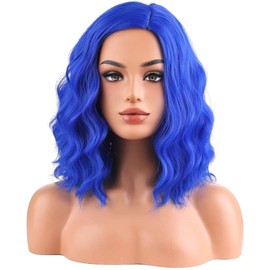 WTHCOS Dark Blue Wigs for Women Girls Short Curly Wavy Wig Side Part Wig Blue Wig Heat Resistant Synthetic Wigs for Cosplay Costume Party