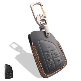 OLLEN Genuine Leather Key Fob Cover 2021-2025, Fit for GMC Yukon Denali Sierra Chevy Silverado Suburban Tahoe Buick etc, Leather Smart Remote Key Protector, 5 Buttons, Black
