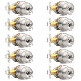 Probrico 10 Pack Keyed Alike Entry Knobs with Keys, Brushed Nickel Ball Door Knobs Entrance Lockset, Single Cylinder Door Lock