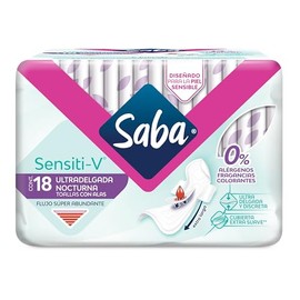 Saba Sensiti-v Ultradelgada Nocturna, Toallas Femeninas, Flujo Súper Abundante, 18 piezas