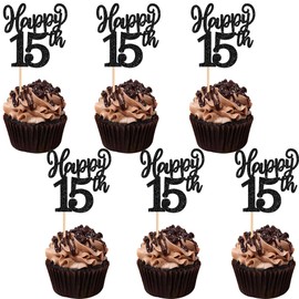 24 piezas de decoraciones para cupcakes de feliz 15 años, con purpurina, quince vítores a 15 años, número 15, para decoración de pasteles, para cumpleaños, cumpleaños, cumpleaños, 15, color negro