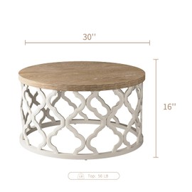 Farmhouse Coffee Table, French Country Round Coffee Table, Coastal Coffee Table with Distressed Top, Boho Center Table with Curved Motif Frame Base for Living Room, Dining Room, Bedroom, Cream Beige