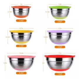 Refein Mixing Bowls with Lids 6 Piece, Stainless Steel Nesting Bowls Set for Kitchen, Non-Slip Bottom Metal Bowls 1.5-7QT, Wedding Registry Must Haves & Kitchen Gifts