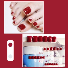 JUSTUSNX 24 Pcs Red Heart Shape Glitter Powder Press On Toenails Toenails Fake Nails Tips (24 Pieces)