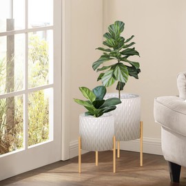 ARNIS Plants Pots with Stand, Indoor Planter Pots, Unique Mid Century Decorative Metal Flower Pots with Drainage,8.25 & 10.5 Inch, Grey and White