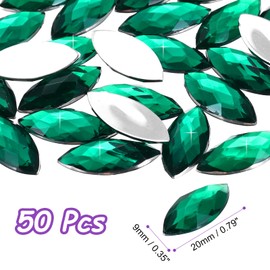 MECCANIXITY 50 Pcs Acrylic Horse Eye Gems, Dark Green Rhinestones 20x9mm Flat Back Gems Flat Back Crystal Rhinestones Bulk Gems for Crafting Rhinestones for Clothes Crafting Bedazzling Nails