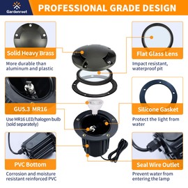 Gardenreet Landscape Well Lights Brass, LED Low Voltage Outdoor In Ground Lights, 12V Waterproof Garden Lights Wired 3 Way Turret Bronze for Outside Driveway Walkway Path Without MR16 Bulb