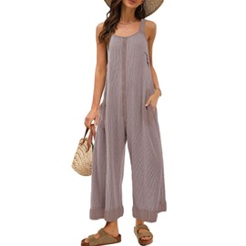 Panadila Womens Waffle Knit Jumpsuit Casual Wide Leg Jumpsuits Oversized Long Rompers Open Back Loose Overalls(Grey Pink,XL)